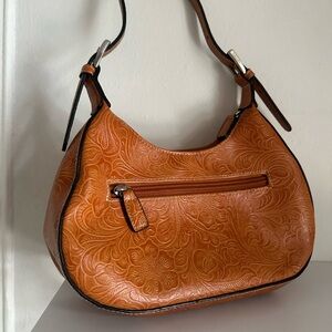 artisan orange leather purse ~ floral carvings
